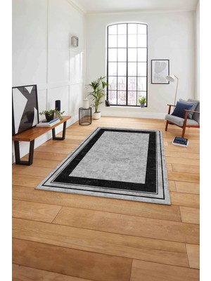 Napoli Home Baskılı Çerçeveli Düz Model Yıkanabilir Kaymaz Yolluk Mutfak Salon Halısı, Çerçeveli-60-Gri,
