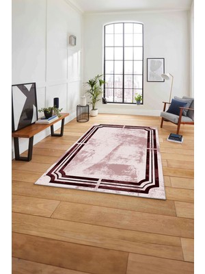 Napoli Home Çerçeveli Dekoratif Baskılı Yıkanabilir Kaymaz Yolluk Mutfak Salon Halısı, Çerçeveli-68-Bordo,