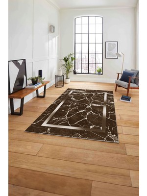 Napoli Home Çerçeveli Mermer Deseneli Yıkanabilir Kaymaz Yolluk Mutfak Salon Halısı, Çerçeveli-64-Kahve,