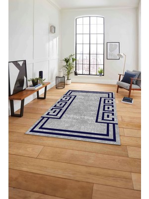 Napoli Home Çerçeveli Geometrik Desenli Yıkanabilir Kaymaz Yolluk Mutfak Salon Halısı, Çerçeveli-65-Lacivert,