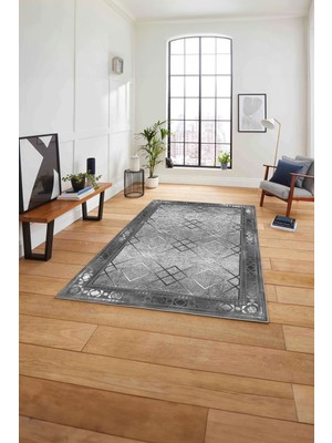 Napoli Home Çerçeveli Üçgen Detaylı Desen Yıkanabilir Kaymaz Yolluk Mutfak Salon Halısı, Çerçeveli-75-Gri,