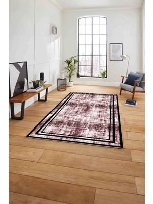 Napoli Home Çerçeveli Sade Modern Baskılı Yıkanabilir Kaymaz Yolluk Mutfak Salon Halısı, Çerçeveli-80-Bordo,