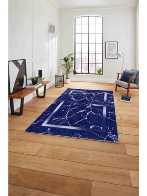 Napoli Home Çerçeveli Mermer Deseneli Yıkanabilir Kaymaz Yolluk Mutfak Salon Halısı, Çerçeveli-64-Lacivert,