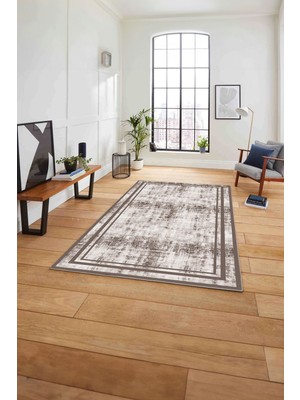 Napoli Home Çerçeveli Sade Modern Baskılı Yıkanabilir Kaymaz Yolluk Mutfak Salon Halısı, Çerçeveli-80-Vizon,