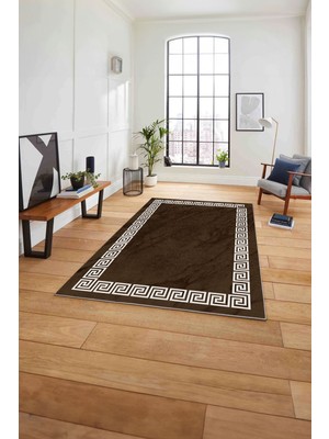 Napoli Home Çerçeveli Vektörel Çizgili Yıkanabilir Kaymaz Yolluk Mutfak Salon Halısı, Çerçeveli-94-Kahve,