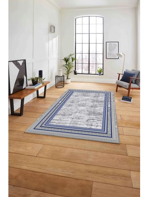 Napoli Home Çerçeveli Kenar Geometrik Model Yıkanabilir Kaymaz Yolluk Mutfak Salon Halısı, Çerçeveli-72-Mavi,