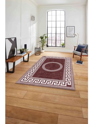 Napoli Home Çerçeveli Vektörel Modelli Sade Yıkanabilir Kaymaz Yolluk Mutfak Salon Halısı, Çerçeveli-90-Bordo,