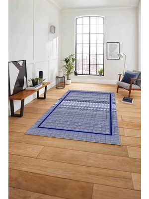 Napoli Home Çerçeveli Çizgi Detaylı Baskılı Yıkanabilir Kaymaz Yolluk Mutfak Salon Halısı, Çerçeveli-79-Mavi,