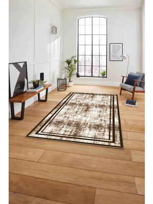 Napoli Home Çerçeveli Sade Modern Baskılı Yıkanabilir Kaymaz Yolluk Mutfak Salon Halısı, Çerçeveli-80-Kahve,