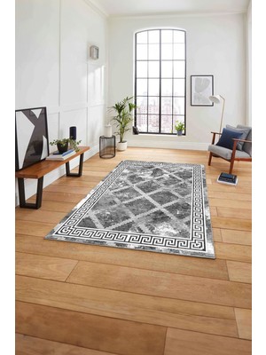 Napoli Home Çerçeveli Hasır Görünümlü Yıkanabilir Kaymaz Yolluk Mutfak Salon Halısı, Çerçeveli-112-Gri,