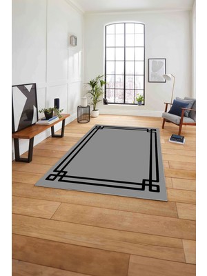 Napoli Home Çerçeveli Geçişli Çizgi Detaylı Yıkanabilir Kaymaz Yolluk Mutfak Salon Halısı, Çerçeveli-54-Gri,