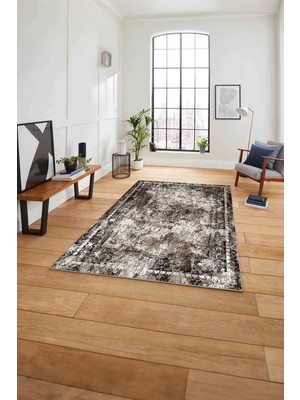 Napoli Home Çerçeveli Dekoratif Baskılı Yıkanabilir Kaymaz Yolluk Mutfak Salon Halısı, Çerçeveli-89-Kahve,