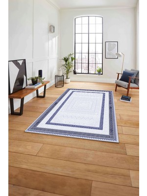 Napoli Home Çerçeveli Vektörel Klasik Model Yıkanabilir Kaymaz Yolluk Mutfak Salon Halısı,Çerçeveli-93-Lacivert,