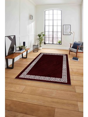 Napoli Home Çerçeveli Vektörel Çizgili Yıkanabilir Kaymaz Yolluk Mutfak Salon Halısı, Çerçeveli-94-Bordo,