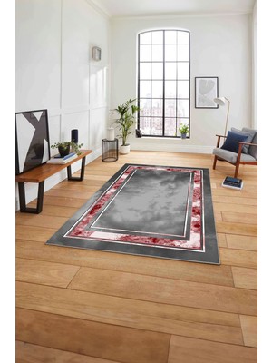 Napoli Home Çerçeveli Modern Baskılı Yıkanabilir Kaymaz Yolluk Mutfak Salon Halısı, Çerçeveli-117-Kırmızı,