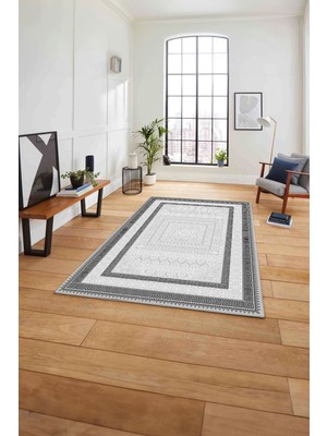 Napoli Home Çerçeveli Vektörel Klasik Model Yıkanabilir Kaymaz Yolluk Mutfak Salon Halısı, Çerçeveli-93-Gri,