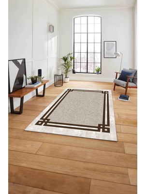 Napoli Home Çerçeveli Kenar Çizgili Model Yıkanabilir Kaymaz Yolluk Mutfak Salon Halısı, Çerçeveli-55-Kahve,