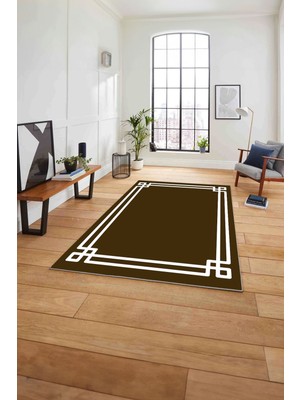 Napoli Home Çerçeveli Geçişli Çizgi Detaylı Yıkanabilir Kaymaz Yolluk Mutfak Salon Halısı, Çerçeveli-54-Kahve,