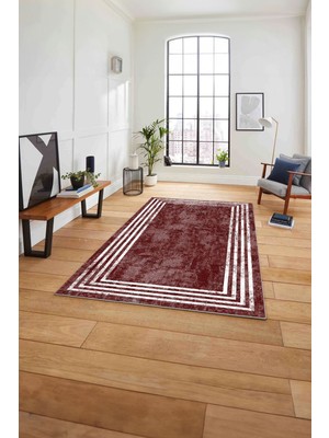 Napoli Home Çerçeveli Çizgi Detaylı Yıkanabilir Kaymaz Yolluk Mutfak Salon Halısı, Çerçeveli-57-Kırmızı,