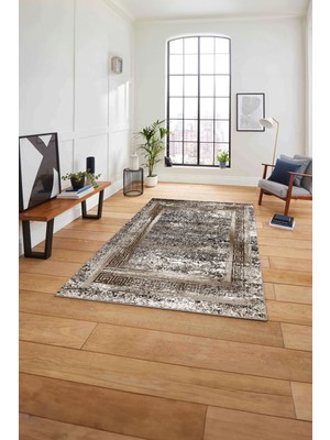 Napoli Home Çerçeveli Modern Sade Baskılı Yıkanabilir Kaymaz Yolluk Mutfak Salon Halısı, Çerçeveli-119-Kahve,