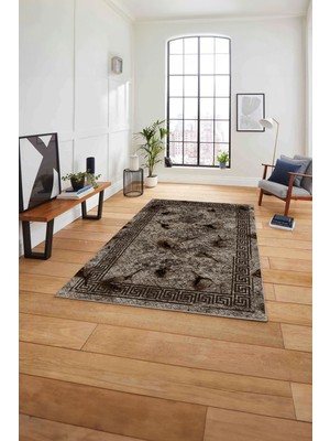 Napoli Home Çerçeveli Gül Detaylı Yıkanabilir Kaymaz Yolluk Mutfak Salon Halısı, Çerçeveli-108-Kahve,