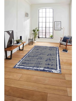Napoli Home Baskılı Çerçeveli Zigzag Modelli Yıkanabilir Kaymaz Yolluk Mutfak Salon Halısı, Çerçeveli-73-Mavi,