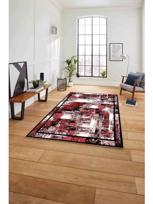 Napoli Home Çerçeveli Modern Dijital Baskılı Yıkanabilir Kaymaz Yolluk Mutfak Salon Halısı,Çerçeveli-77-Kırmızı,