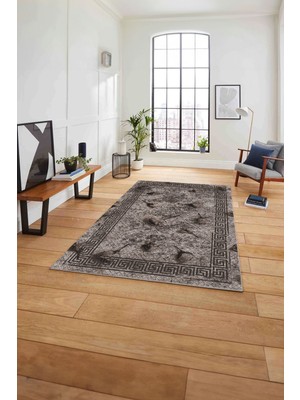 Napoli Home Çerçeveli Gül Detaylı Yıkanabilir Kaymaz Yolluk Mutfak Salon Halısı, Çerçeveli-108-Vizon,