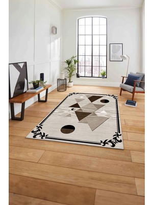 Napoli Home Çerçeveli Üçgen Desenli Yıkanabilir Kaymaz Yolluk Mutfak Salon Halısı, Çerçeveli-84-Kahve,