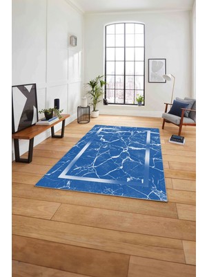 Napoli Home Çerçeveli Mermer Deseneli Yıkanabilir Kaymaz Yolluk Mutfak Salon Halısı, Çerçeveli-64-Mavi,
