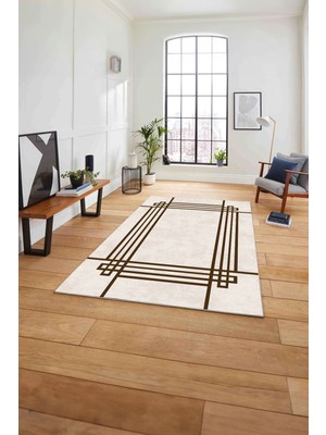 Napoli Home Çerçeveli Geometrik Motifli Yıkanabilir Kaymaz Yolluk Mutfak Salon Halısı, Çerçeveli-67-Kahve,