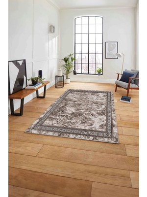 Napoli Home Çerçeveli Mermer Desen Baskılı Yıkanabilir Kaymaz Yolluk Mutfak Salon Halısı, Çerçeveli-100-Vizon,