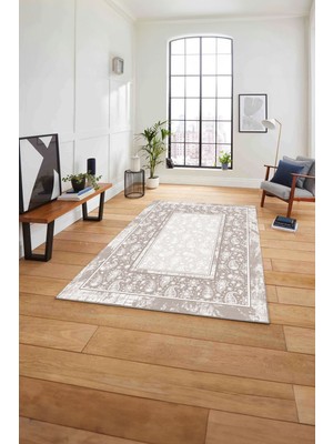 Napoli Home Çerçeveli Desen Motifli Yıkanabilir Kaymaz Yolluk Mutfak Salon Halısı, Çerçeveli-86-Bej,