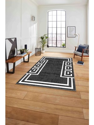 Napoli Home Çerçeveli Geometrik Desenli Yıkanabilir Kaymaz Yolluk Mutfak Salon Halısı, Çerçeveli-65-Antrasit,