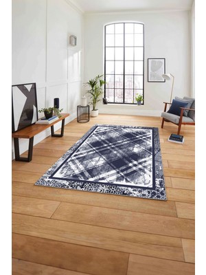 Napoli Home Çerçeveli Otantik Desen Yıkanabilir Kaymaz Yolluk Mutfak Salon Halısı, Çerçeveli-121-Lacivert,