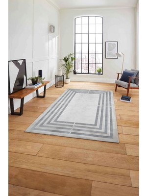 Napoli Home Çerçeveli Dikdörtgen Çizgili Yıkanabilir Kaymaz Yolluk Mutfak Salon Halısı, Çerçeveli-103-Gri,