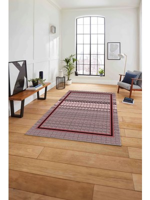 Napoli Home Çerçeveli Çizgi Detaylı Baskılı Yıkanabilir Kaymaz Yolluk Mutfak Salon Halısı, Çerçeveli-79-Bordo,