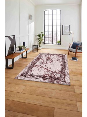 Napoli Home Çerçeveli Modern Mermer Desenli Yıkanabilir Kaymaz Yolluk Mutfak Salon Halısı, Çerçeveli-114-Bordo,