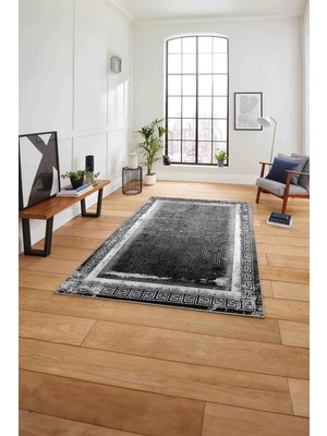 Napoli Home Çerçeveli Klasik Desenli Yıkanabilir Kaymaz Yolluk Mutfak Salon Halısı, Çerçeveli-110-Gri,