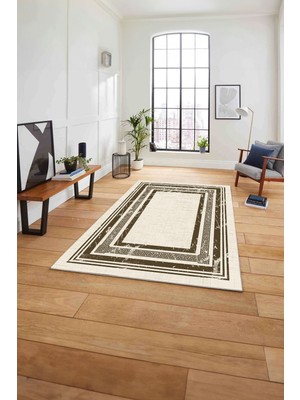 Napoli Home Çerçeveli Klasik Dekoratif Baskılı Yıkanabilir Kaymaz Yolluk Mutfak Salon Halısı,Çerçeveli-81-Kahve,