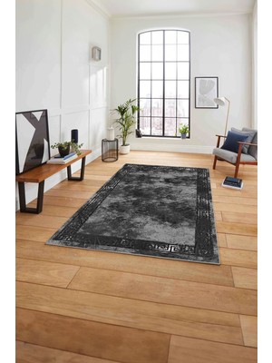 Napoli Home Çerçeveli Sade Modern Baskılı Yıkanabilir Kaymaz Yolluk Mutfak Salon Halısı, Çerçeveli-104-Antrasit,
