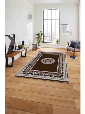 Napoli Home Çerçeveli Göbek Desenli Yıkanabilir Kaymaz Yolluk Mutfak Salon Halısı, Çerçeveli-88-Kahve,