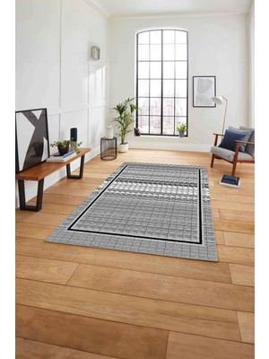 Napoli Home Çerçeveli Çizgi Detaylı Baskılı Yıkanabilir Kaymaz Yolluk Mutfak Salon Halısı, Çerçeveli-79-Gri,