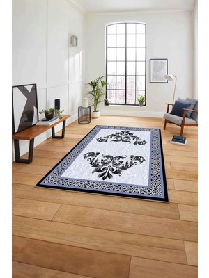 Napoli Home Çerçeveli Akrilik Motifli Yıkanabilir Kaymaz Yolluk Mutfak Salon Halısı, Çerçeveli-83-Mavi,