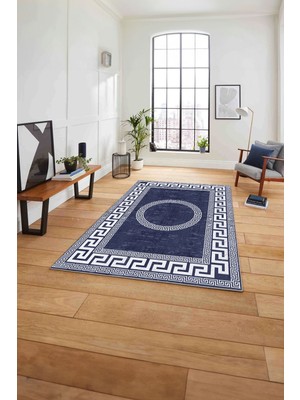 Napoli Home Çerçeveli Vektörel Modelli Sade Yıkanabilir Kaymaz Yolluk Mutfak Salon Halısı,Çerçeveli-90-Lacivert,