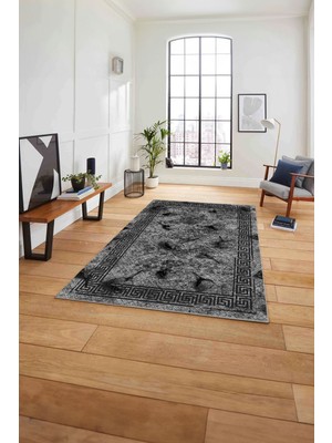 Napoli Home Çerçeveli Gül Detaylı Yıkanabilir Kaymaz Yolluk Mutfak Salon Halısı, Çerçeveli-108-Antrasit,