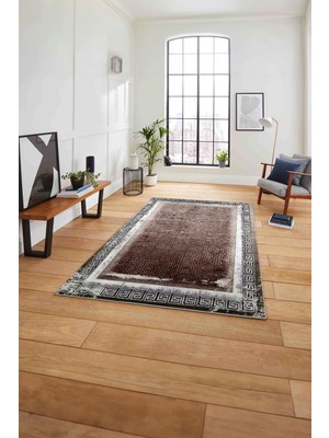 Napoli Home Çerçeveli Klasik Desenli Yıkanabilir Kaymaz Yolluk Mutfak Salon Halısı, Çerçeveli-110-Kahve,
