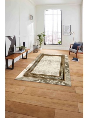 Napoli Home Çerçeveli Modern Klasik Baskılı Yıkanabilir Kaymaz Yolluk Mutfak Salon Halısı, Çerçeveli-109-Gold,