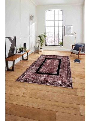 Napoli Home Çerçeveli Sade Görünümlü Yıkanabilir Kaymaz Yolluk Mutfak Salon Halısı, Çerçeveli-125-Bordo,