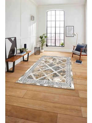 Napoli Home Çerçeveli Hasır Görünümlü Yıkanabilir Kaymaz Yolluk Mutfak Salon Halısı, Çerçeveli-112-Bej,